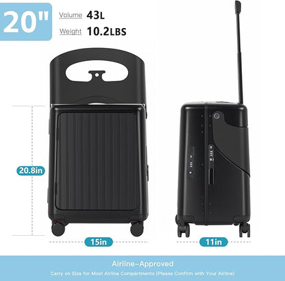advwin 20" Carry-On Luggage with Seat for Kids & Adults, Lightweight Hardside Ride-On Suitcase with Front Opening, TSA Lock, 360° Spinner Wheels (Black, 20-inch)