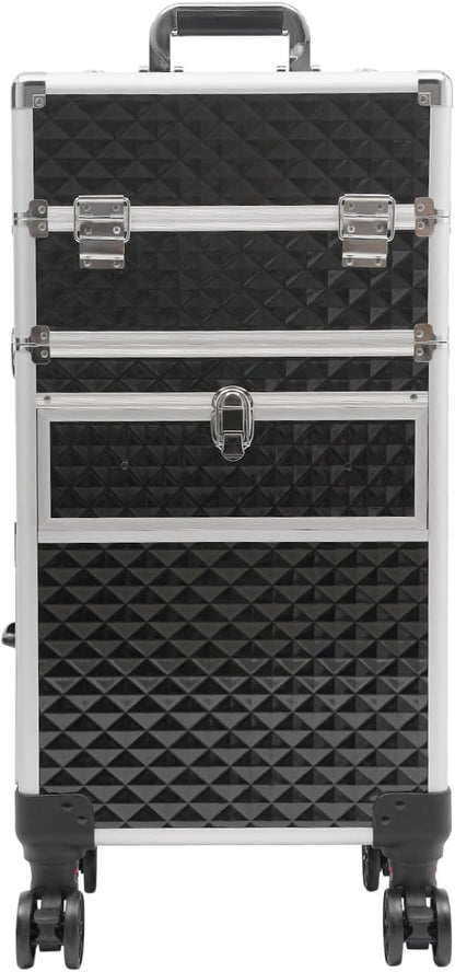 Makeup Train Case With 360° Rotation Wheels Multi-Functional Cosmetic Trolley with Drawer Large Storage Traveling Cart Trunk Black for Nail Technicians Hairstylist