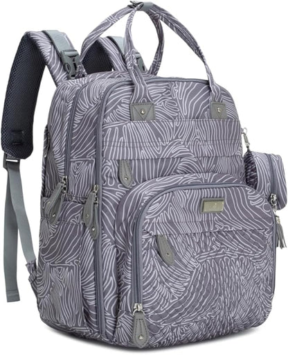 BabbleRoo Diaper Bag Backpack - Baby Essentials Travel Tote - Multi Function Water Resistant Diaper Bag, Travel Essentials Baby Bag with Changing Pad, Stroller Straps & Pacifier Case - Grey Swirls