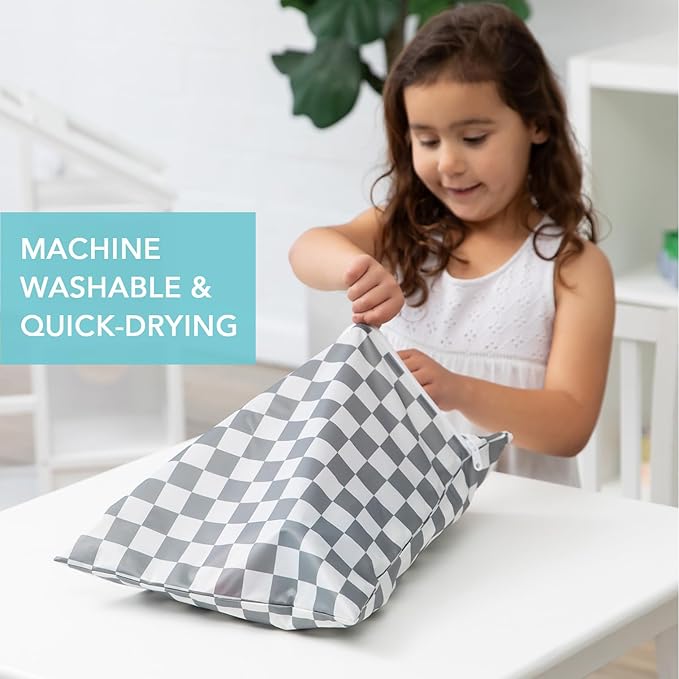 Bumkins - Waterproof Wet and Wetdry Bags - For Beach, Baby, Travel, Swim Suit, Cloth Diapers, Pump Parts, Pool, Gym, Toiletries - Reusable & Easy to Clean - Gray Check - 2 Pack