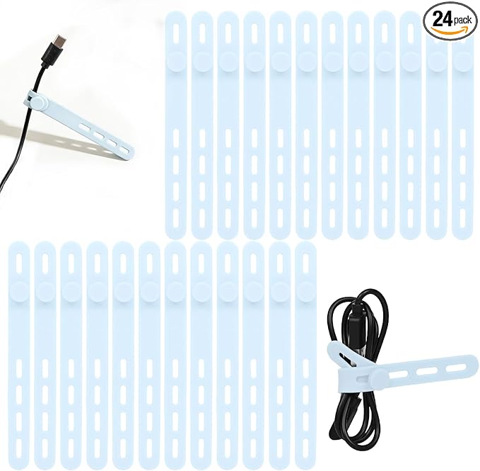 Donruby 24Pcs Silicone Cable Ties - Reusable & Washable with Locking Buckle Design, Adjustable Fastening Cable Straps, Multi-Purpose High Elasticity Cord Organizer (Ice Blue)