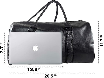 Leather Travel Bag with Shoe Pouch, Waterproof Weekender Overnight Bag, Carry On Duffel Bag for Men Women-Black