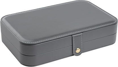 2-Layer Travel Jewelry Box for Women, Portable Jewelry Organizer with Mirror & Removable Dividers, PU Leather Jewelry Case – Gift for Wife, Mom, Girlfriend (Gray White)