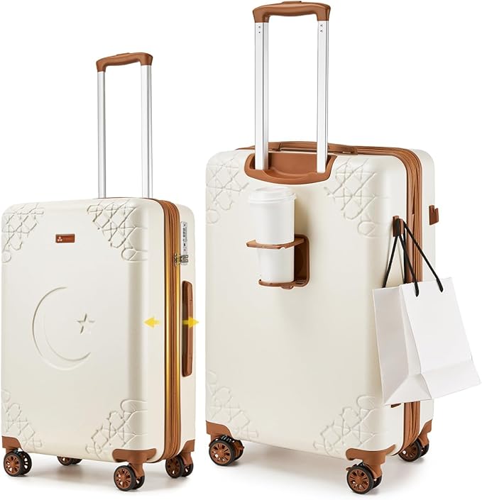 Somago Expandable 2-Piece Luggage Sets 20"/24" Suitcases with Shock-Absorbing Braking Spinner Wheels Moon Star Design Hard Shell Suitcase with Cupholder TSA Lock (Beige White,Expandable 20/24 Inch)