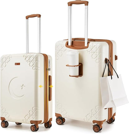 Somago Expandable 2-Piece Luggage Sets 20"/24" Suitcases with Shock-Absorbing Braking Spinner Wheels Moon Star Design Hard Shell Suitcase with Cupholder TSA Lock (Beige White,Expandable 20/24 Inch)