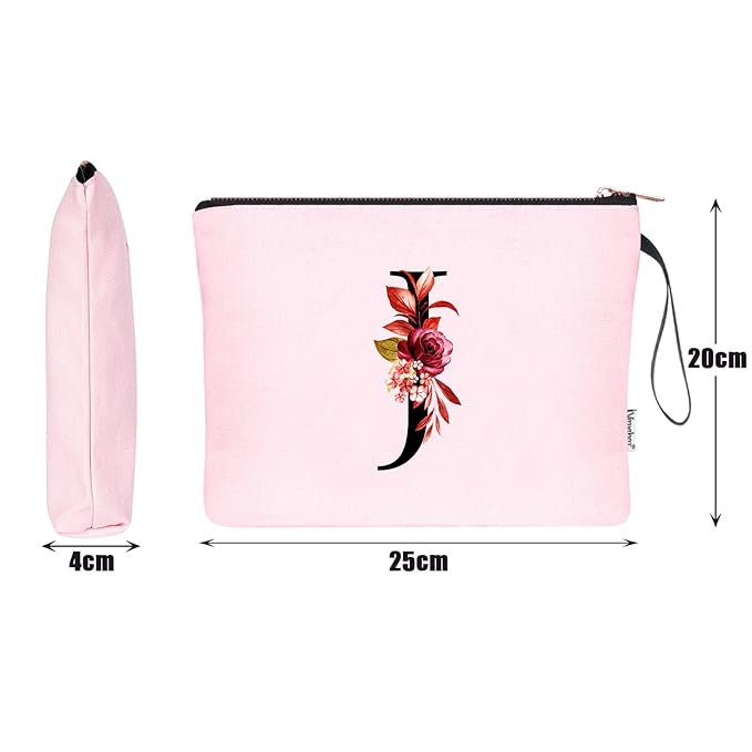 Vavabox A-Z Personalized Makeup Bag, Birthday Gifts for Women Mom, Gifts for Best Friend, Bride Bridesmaid Cosmetic bag (J, Pink)