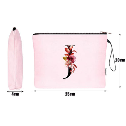 Vavabox A-Z Personalized Makeup Bag, Birthday Gifts for Women Mom, Gifts for Best Friend, Bride Bridesmaid Cosmetic bag (J, Pink)
