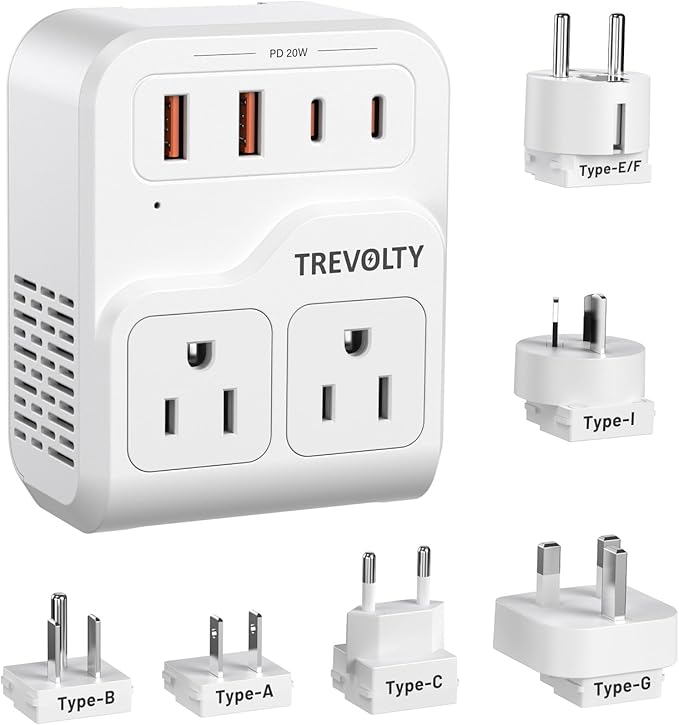 2000W Universal Travel Adapter, International Power Adapter with 3 AC Sockets, 2 USB-A & 2 USB-C (PD 20W) Ports, Worldwide Travel Essentials, European Travel Plug Adapter for UK/EU/AU
