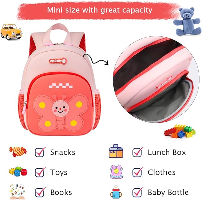 Padgene Toddler Harness Backpacks Safety Leash Kids Anti Lost Kindergarten Preschool Backpack Neoprene Lightweight Animal Schoolbag 3D Cartoon Butterfly Mini Travel Bag for Boys Girls Ages 3-5
