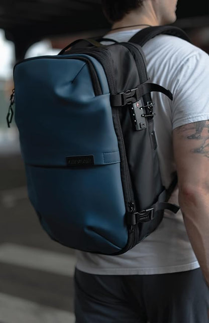 AirVault Vacuum Seal Travel Backpack 60L with Expandable Vortex Air Compression Vacuum System Water Resistant TSA Lock (Vacuum Pump Included, Blue, 60L)