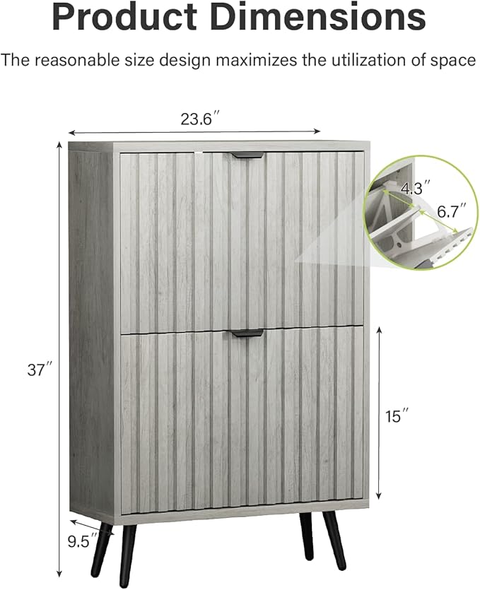 Shoe Storage Cabinet, Fluted Shoe Cabinet for Entryway, Grey Hidden Storage with Metal Legs, Flip Doors
