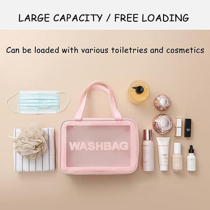 Clear Travel Bags for Toiletries, 3Pcs Portable PVC Waterproof Cosmetic Bags, Transparent Travel Storage Carry Pouch, Toiletry Bags and Cosmetics Organizer for Women Men (Pink)