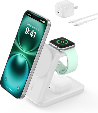 Belkin MagSafe Charger Compatible, 3-in-1 Charging Station, Qi2.2 25W Magnetic Wireless Charger Dock, Foldable Charging Stand for iPhone 17/16/15, Apple Watch, AirPods, Pixel 10 (45W Adapter Included)