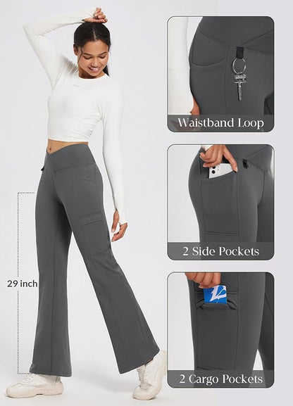 baleaf Women's Fleece Lined Pants Winter Thermal Water Resistant Crossover Flare Leggings Warm Bootcut Hiking Outdoor