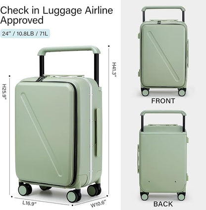 MILADA Wide Handle Luggage with Front Pocket Hardshell Aluminium Check In Suitcase with Wheels Medium 24 Inch Front Opening Checked Luggage with Spinner Wheels TSA Approved Luggage, Bamboo Green