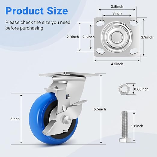 W B D WEIBIDA 5 Inch Heavy Duty Casters Set of 4, Smooth Rolling Caster Design for Cart Wheels, 3500 LBS Industrial Grade Castors with Upgraded Thickened Bracket, Durable Castors (4 Brake)