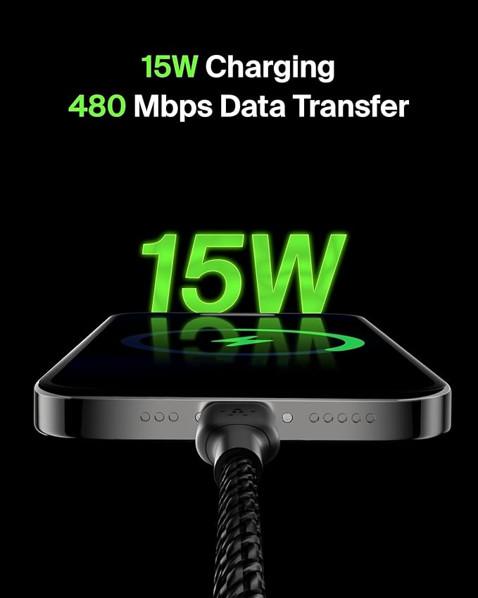 Belkin USB C to USB A Cable, 3.3ft, 15W - Type C Charger, iPhone Charger Cord, Braided, Flexible for iPhone 17 & 16, Galaxy S25, Pixel 10, iPad Pro, AirPods Pro, Switch 2 & More, CarPlay - Black