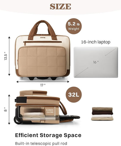 Rolling Puffer Laptop Bag, Rolling Briefcase for Women, Wheeled 16 Inch Computer Bag, Water Resistant Stylish Overnight Underseat Carry On Luggage with Wheels for Work Travel Business, Khaki