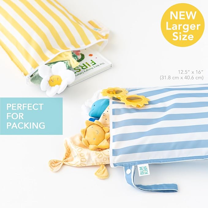Bumkins - Larger Waterproof Wet Bag - For Baby, Travel, Swim Suit, Cloth Diapers, Pump Parts, Pool, Gym, Toiletry, Strap to Stroller - Reusable & Easy to Clean - 2pk - Yellow & Blue Stripe