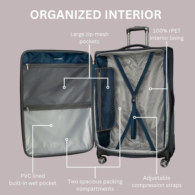 Ricardo Beverly Hills Avalon Softside Medium Check-In Luggage Made with Sustainable 100% Recycled PET (rPET), Lightweight, Eco-Friendly Travel, Expandable, Dual Spinner Wheels, Juniper Green, 28-inch