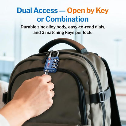 Forge Dual-Opening: Key or Combination Lock, TSA Approved Lock for Luggage, Pelican case, Travel, Gym, School, Luggage Combination Lock, Travel Bag Lock (Blue 2 Pk)