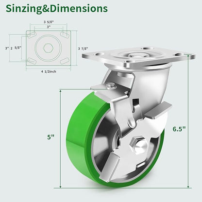 5 Inch Heavy Duty Industrial Grade Caster Set of 4, Industrial Swivel Casters with Brake, Maintenance-Free Aluminum Core PU Wheels 4000 LBS, Durable Casters Wheels for Industrial, Equipment