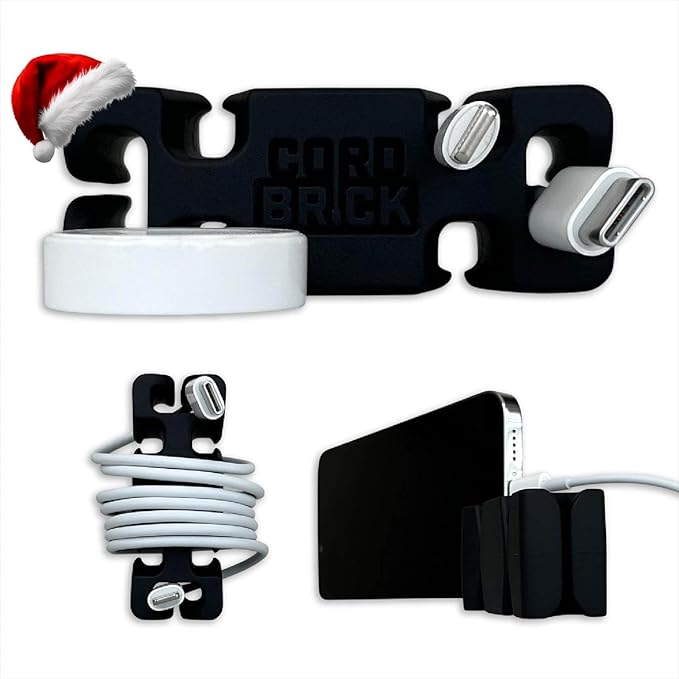 CordBrick Stocking Stuffers for Adults Cord Management Weighted Cord Holder Cable Wrap Phone Stand - Multiuse Gadget Organizer for Nightstand, Desk. Gift for Men, Durable Silicone. 1pk Black
