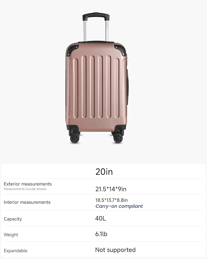 Carry On Luggage 22x14x9 Airline Approved, Hardside Suitcase with Wheels, TSA Approved, Rose Gold