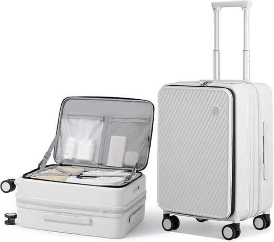 mixi 20 Inch Expandable Carry On Luggage PC Hard Shell Suitcase Top Opening Rolling Travel Suitcases with Spinner Wheels & TSA Lock, Smoke White