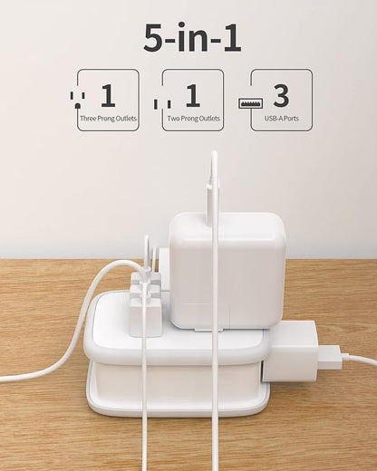 Travel Power Strip with USB 2 Pack, NTONPOWER 2 Widely Outlets 3 USB with 3Ft Short Extension Cord Flat Plug, Small Portable Desktop Charging Station for Cruise Ship Home Office Accessories, White