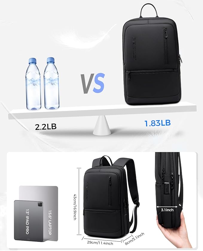 Slim Laptop Backpack for Men, Lightweight Backpack with USB Charging Port,Water Resistant 15.6 Inch Laptop Bag - Black