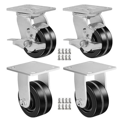 Heavy Duty Casters - Industrial Casters Phenolic Caster with Strong Load-Bearing Capacity 3000-6000 LB,Used in Furniture,WorkBrench,Tool Box, Equipment (4" Rigid+Brake, pcs, 4)