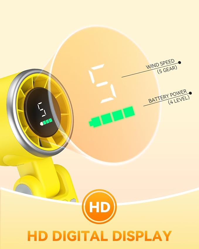 Portable Handheld Turbo Fan, 5-Speed Personal Fans, 5000mAh Rechargeable Fans Up to 12 Hours, Weight only 0.6lb Small Fan, Hand/Neck/Desk Fan 3 IN 1, Beach Vacation Essentials(Yellow)