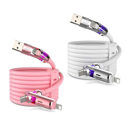 MFish 240W 4-in-1 Universal USB Charging Cable [2 Pack, 6.6ft] – Fast Charger Cord with USB-A, Dual USB-C & Lighting, for iPhone 14/15/16/17 Series, iPad & MacBook & More (2PACK, Pink+White, 6.6Ft)