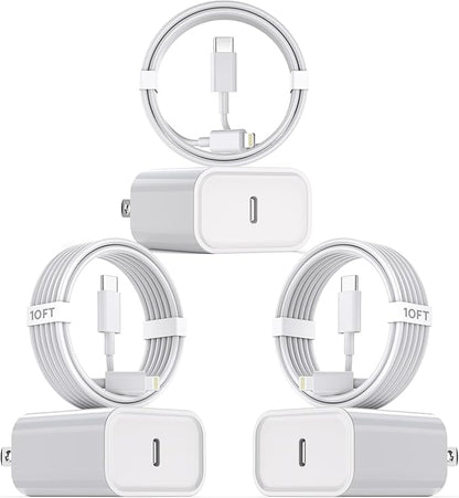 10Foot Fast iPhone Charging Cable,3-Pack Super Fast i Phone Charger USB C Charging Block Wall Charger PD Adapter with 10FT Type C to Lightning Cable Cord for iPhone 14/13/12/11ProMax/XS Max/XS/XR/8/SE