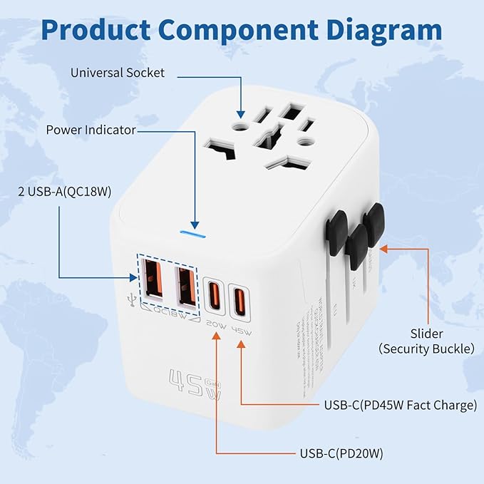 Aigostar 5-in-1 Universal Travel Adapter, GaN 45W Fast Charge International Plug Adapter with 2 Type-C & 2 USB-A Ports, Worldwide Power Adaptor Wall Charger for EU US UK AUS CHN JP Travel Business