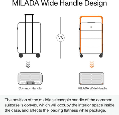 MILADA Wide Handle Luggage with Front Pocket Hardshell Aluminium Check In Suitcase with Wheels Medium 24 Inch Front Opening Checked Luggage with Spinner Wheels TSA Lock Airline Approved Luggage, White