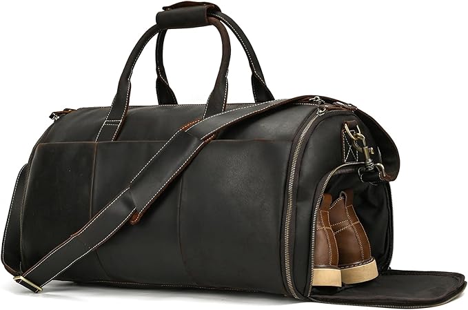 Full-grain Leather Garment Bag Large Capacity Travel Bag Business Suit Carrier Bag with Shoe Compartment, Overnight Gym Sports Duffel Bags for Men Women, Dark Brown