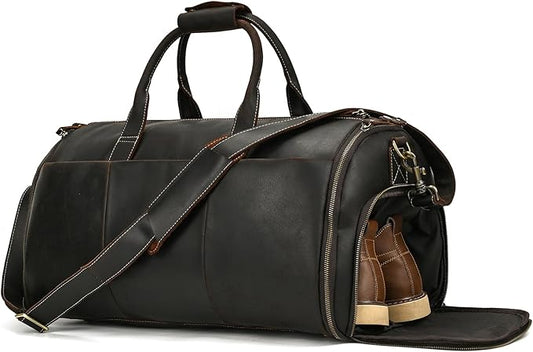 Full-grain Leather Garment Bag Large Capacity Travel Bag Business Suit Carrier Bag with Shoe Compartment, Overnight Gym Sports Duffel Bags for Men Women, Dark Brown