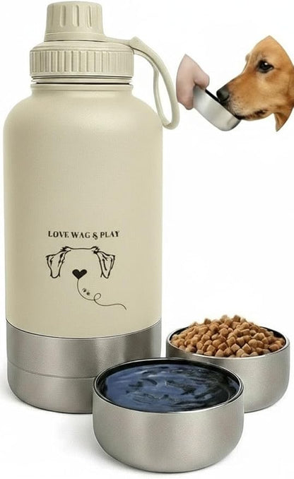 Love Wag & Play Dog Water Bottle Portable – 2 in 1 Stainless Steel Bowl for Food, Water – Leakproof Portable Water Bowl for Dog with Carry Loop – Detachable Design – Ideal for Kibble, Treats – Beige