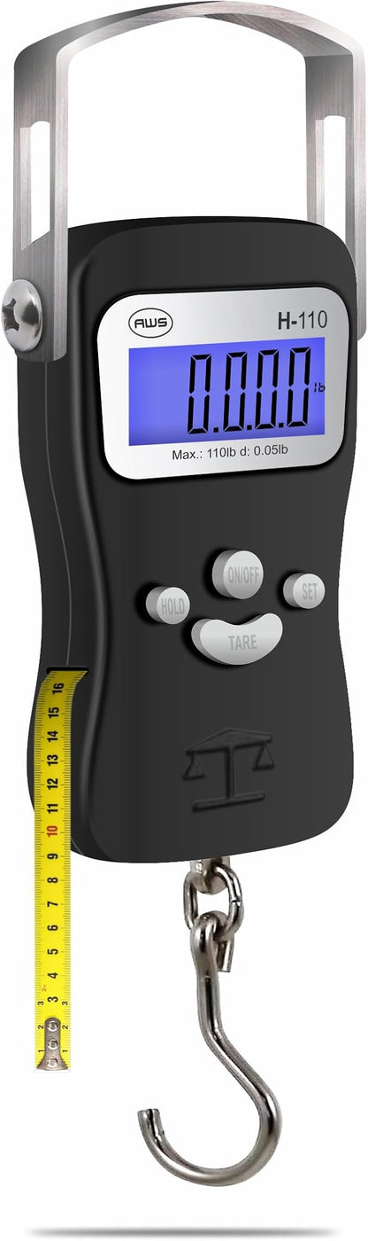 AWS Digital Luggage Scale, Fish Weighing Scale, Hanging Scale 110lb/50kg – Die-Cast Metal Construction, Built-in Tape Measure, Hook & Handle – for Travel, Fishing, Archery, Hunting, Outdoor (Black)