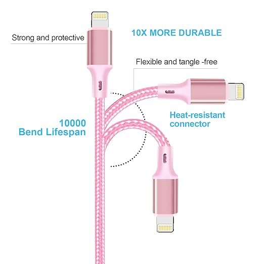 cugunu USB C to Lightning Cable 5 Pack 3/3/6/6/10FT iPhone Charger Apple MFi Certified Power Delivery Fast Charging Cord Compatible with iPhone 14/13/12/11/XS/XR/X/8 - Pink