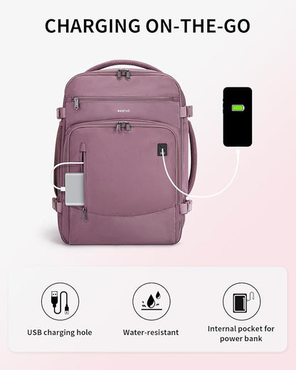 ECOHUB Travel Backpack for Women, 18x14x8 Spirit Airlines Personal Item Bag with Clear Toiletry Bag, Laptop Carry on Backpack with USB Port, Airline Approved Under Seat 14 Pockets 30L, Pink