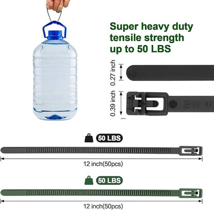 SOOOEC 200 Pack Reusable Zip Ties 12 inch Heavy Duty Outdoor UV Resistant, Releasable Black Zip Ties Indoor Round Ending No Hurt, Cable Ties Reusable Tie Wraps Non Slip Off (Black+ Green)