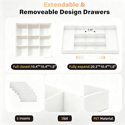Expandable Desk Drawer Organizer, Acrylic Drawer Organizer Trays with 11 Adjustable Compartments 6 Removable Dividers Desk Accessories for Makeup Utensil Junk Office Kitchen Bathroom ( White, 2Pcs )