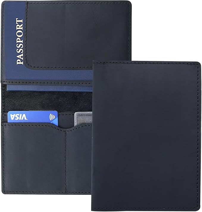 Leather Passport Holder with Travel Wallet, Genuine Leather Passport Cover- Passport Wallet, Leather Folding Wallet for Passports (Straight Cut, Black)