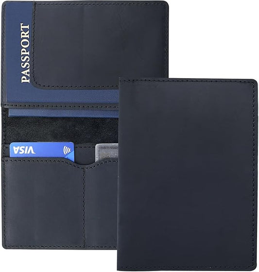 Leather Passport Holder with Travel Wallet, Genuine Leather Passport Cover- Passport Wallet, Leather Folding Wallet for Passports (Straight Cut, Black)