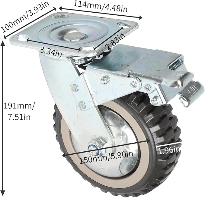 uyoyous 6 Inch Caster Wheels Set of 4, 1653 Lbs Heavy Duty Casters, No Noise Swivel Plate Casters Wheels for Cart, Dolly, Workbench, Toolbox, Chicken Coop (2 with Brakes & 2 without)