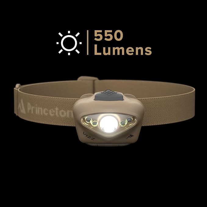 Princeton Tec Vizz Headlamp 550 Lumen Dimmable LED, IPX7 Water Resistance, Essential Outdoor Accessory for Hiking, Backpacking, Camping, Running, and Safety Preparedness, Tan, Tactical