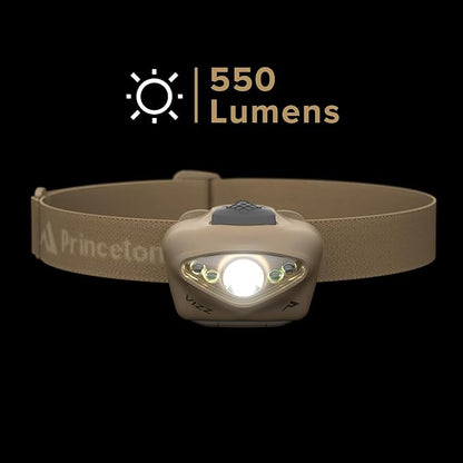 Princeton Tec Vizz Headlamp 550 Lumen Dimmable LED, IPX7 Water Resistance, Essential Outdoor Accessory for Hiking, Backpacking, Camping, Running, and Safety Preparedness, Tan, Tactical